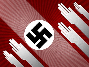 Nazi Party Emblem and Raised Fist Silhouettes on Red Sunburst Background HD wallpaper