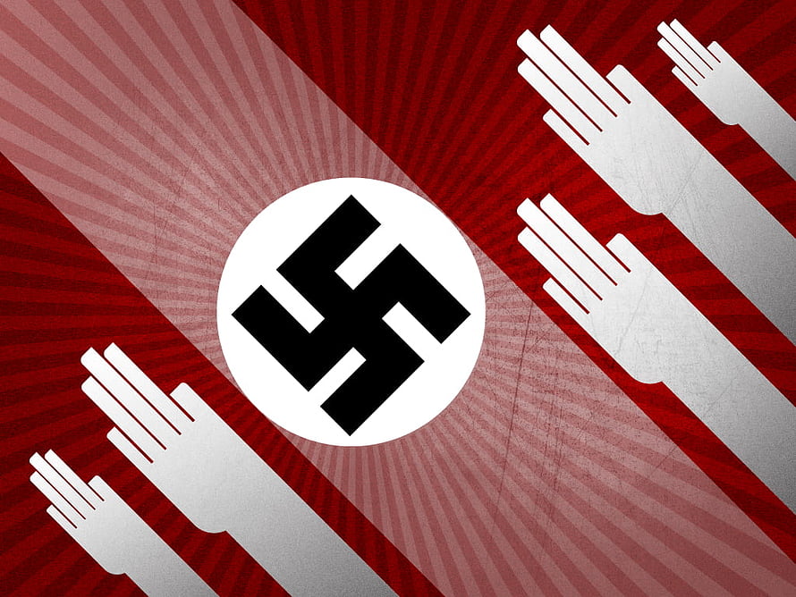 Nazi Party Emblem and Raised Fist Silhouettes on Red Sunburst Background HD wallpaper