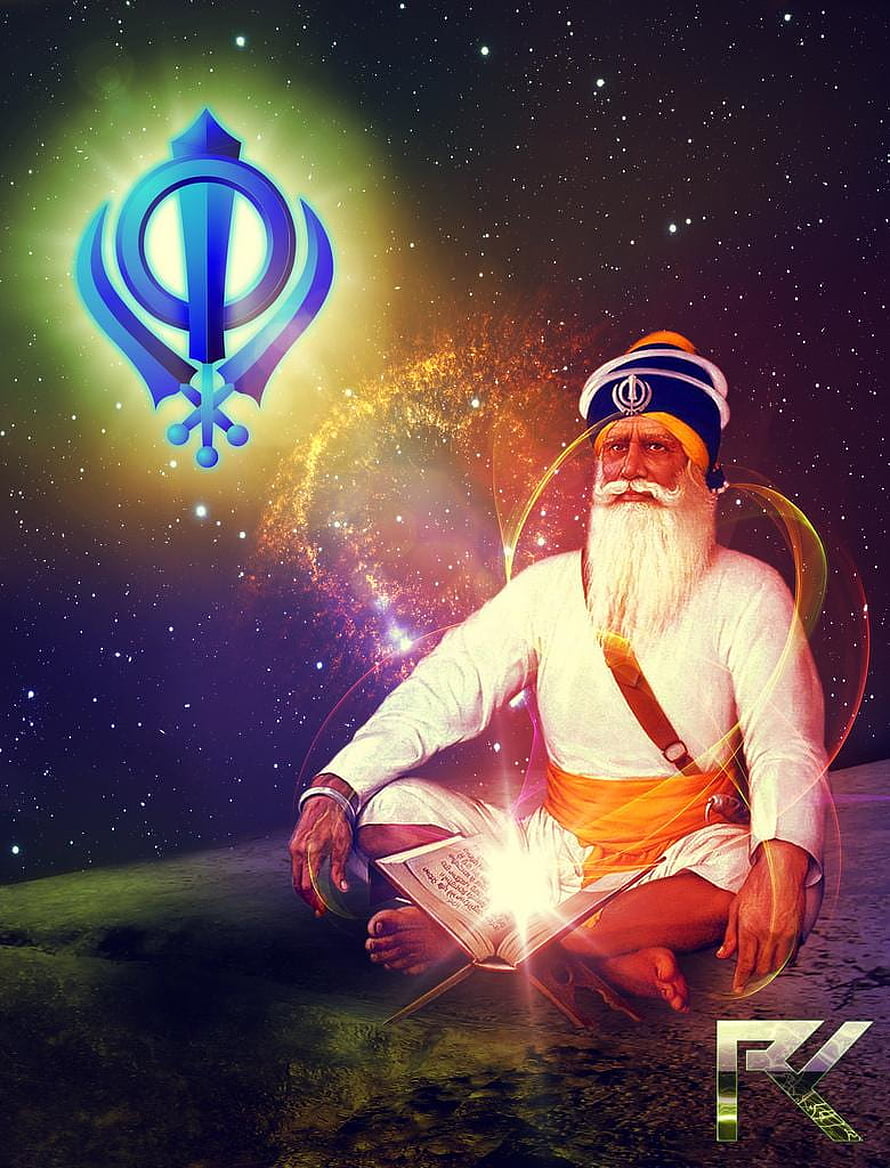 Baba Deep Singh Ji Meditating with Glowing Khanda Symbol and Sacred Text in Cosmic Setting HD phone wallpaper