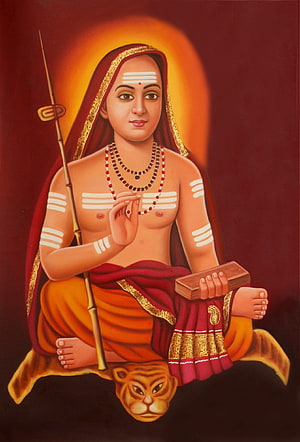 Adi Shankaracharya seated on tiger skin with staff and book in traditional Indian painting HD phone wallpaper