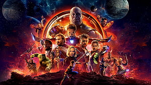 Avengers Infinity War Ensemble Cast Poster Featuring Thanos and Superheroes in Cosmic Setting HD wallpaper