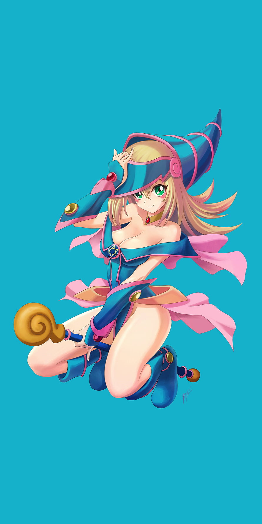 Dark Magician Girl Anime Character in Blue and Pink Wizard Costume HD phone wallpaper