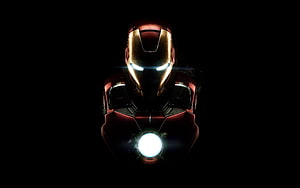 Iron Man Mark 50 Armor Front View with Glowing Arc Reactor and Eyes on Black Background, Iron Man Ultra, iron man HD wallpaper