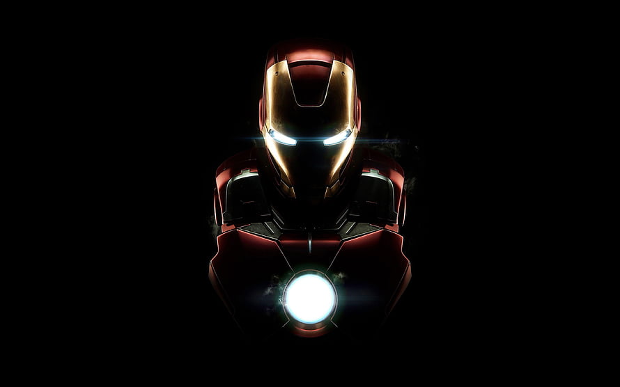 Iron Man Mark 50 Armor Front View with Glowing Arc Reactor and Eyes on Black Background, Iron Man Ultra, iron man HD wallpaper