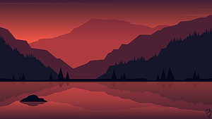Minimalist Red Mountain Lake Landscape with Pine Tree Silhouettes and Water Reflection HD wallpaper