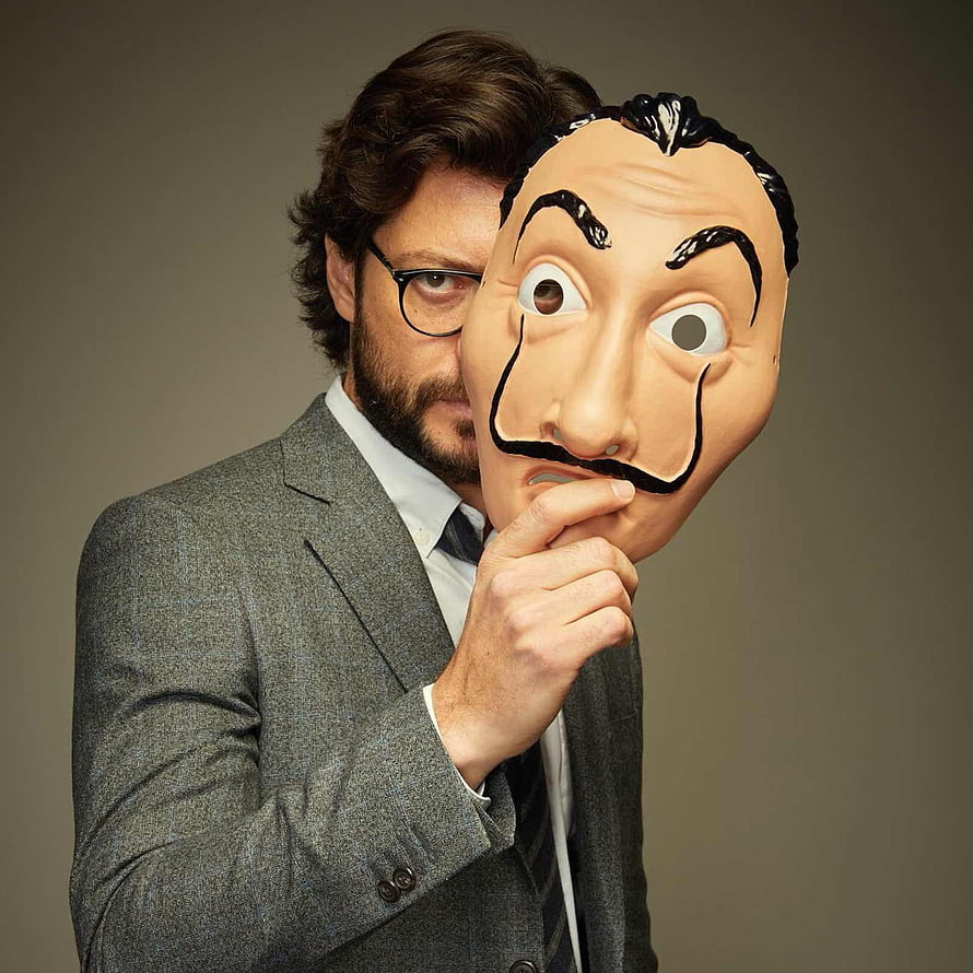 Man in Grey Suit Holding Money Heist Dali Mask, Professor Money Heist, money heist professor HD phone wallpaper