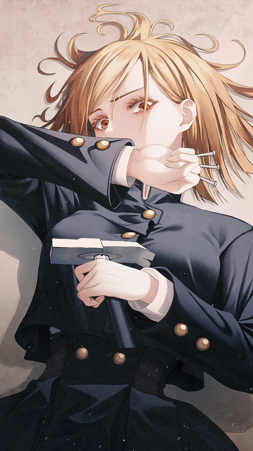Nobara Kugisaki from Jujutsu Kaisen Holding Hammer and Nails in Dark Uniform HD phone wallpaper