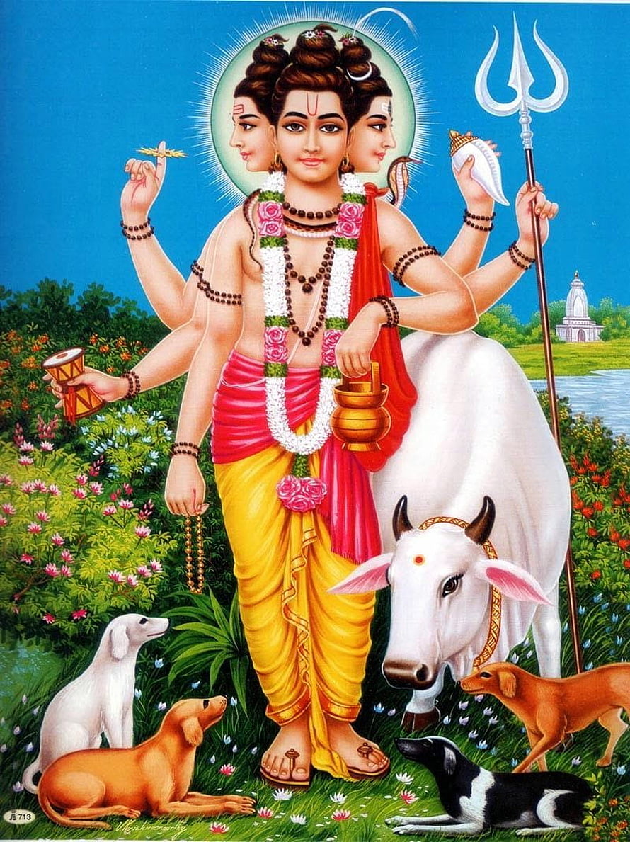 Lord Dattatreya with Three Heads and Four Arms Standing with Sacred Bull and Dogs HD phone wallpaper