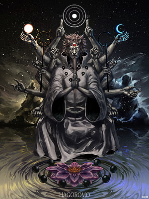 Hagoromo Otsutsuki Multi-Armed Sage Meditation with Celestial Orbs and Lotus HD phone wallpaper