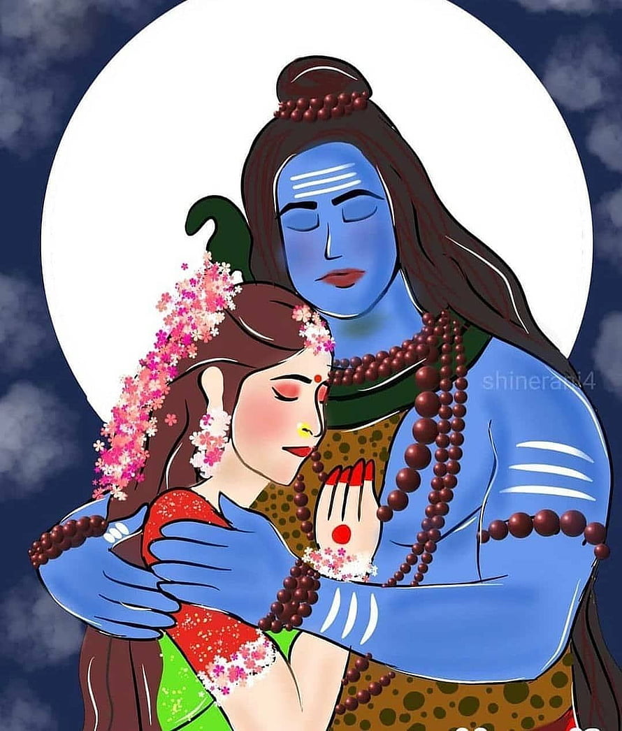 Mahadev and Sita in a Tender Embrace with Floral Garland and Rudraksha Beads HD phone wallpaper