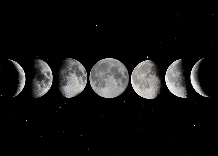 Seven Moon Phases Arranged in a Row Against a Starry Night Sky HD wallpaper