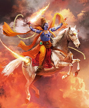 Kalki Avatar Riding a White Horse Through Fiery Clouds with a Glowing Sword HD phone wallpaper