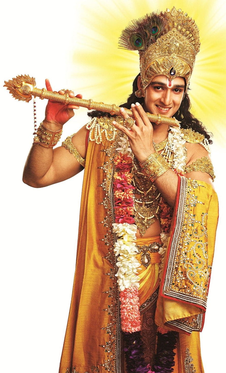 Lord Krishna Playing Flute With Peacock Feather Crown And Golden Jewelry HD phone wallpaper