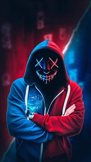 Neon LED Mask Hoodie Portrait with Red and Blue Lighting HD phone wallpaper