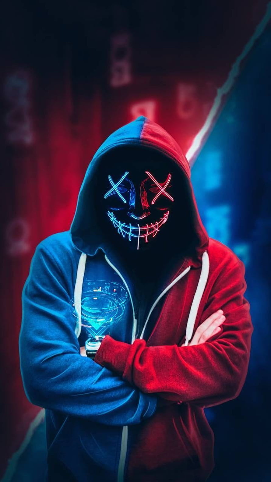 Neon LED Mask Hoodie Portrait with Red and Blue Lighting HD phone wallpaper