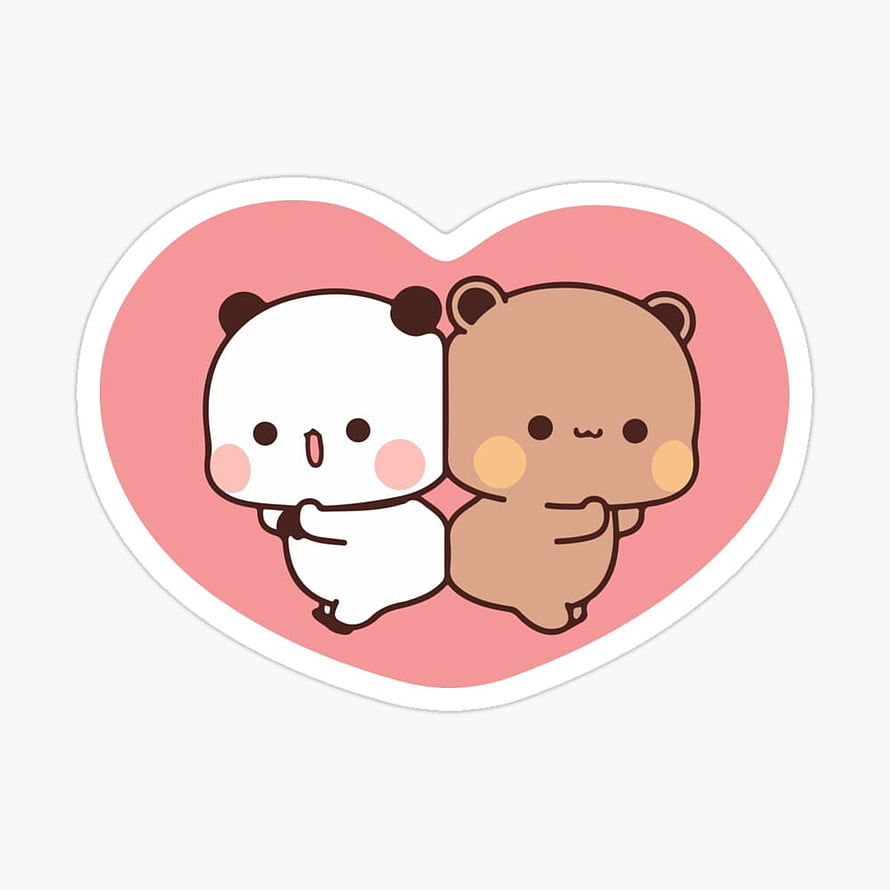 Cute Kawaii Panda and Bear Couple Hugging Inside Pink Heart Sticker HD phone wallpaper