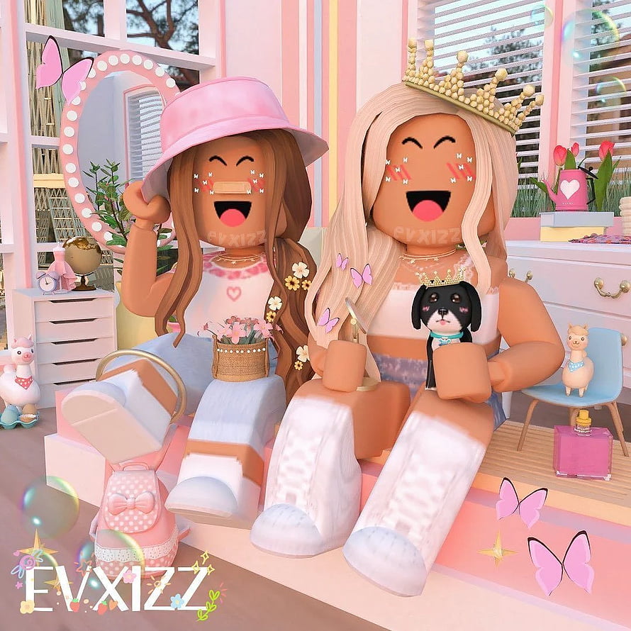 Roblox BFFs in a Pink Bedroom with Crown, Bucket Hat, and Pet Dog HD phone wallpaper