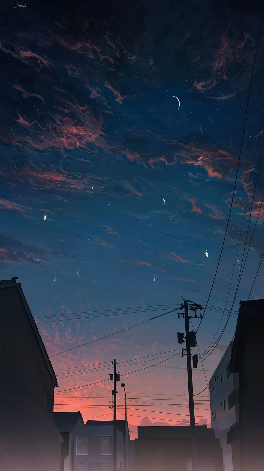 Anime Style Twilight Sky Over Urban Street With Power Lines and Crescent Moon HD phone wallpaper