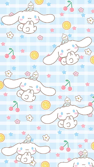 Cute Cinnamoroll Wallpaper with Blue Gingham Background, Cherries, Oranges, and Stars HD phone wallpaper