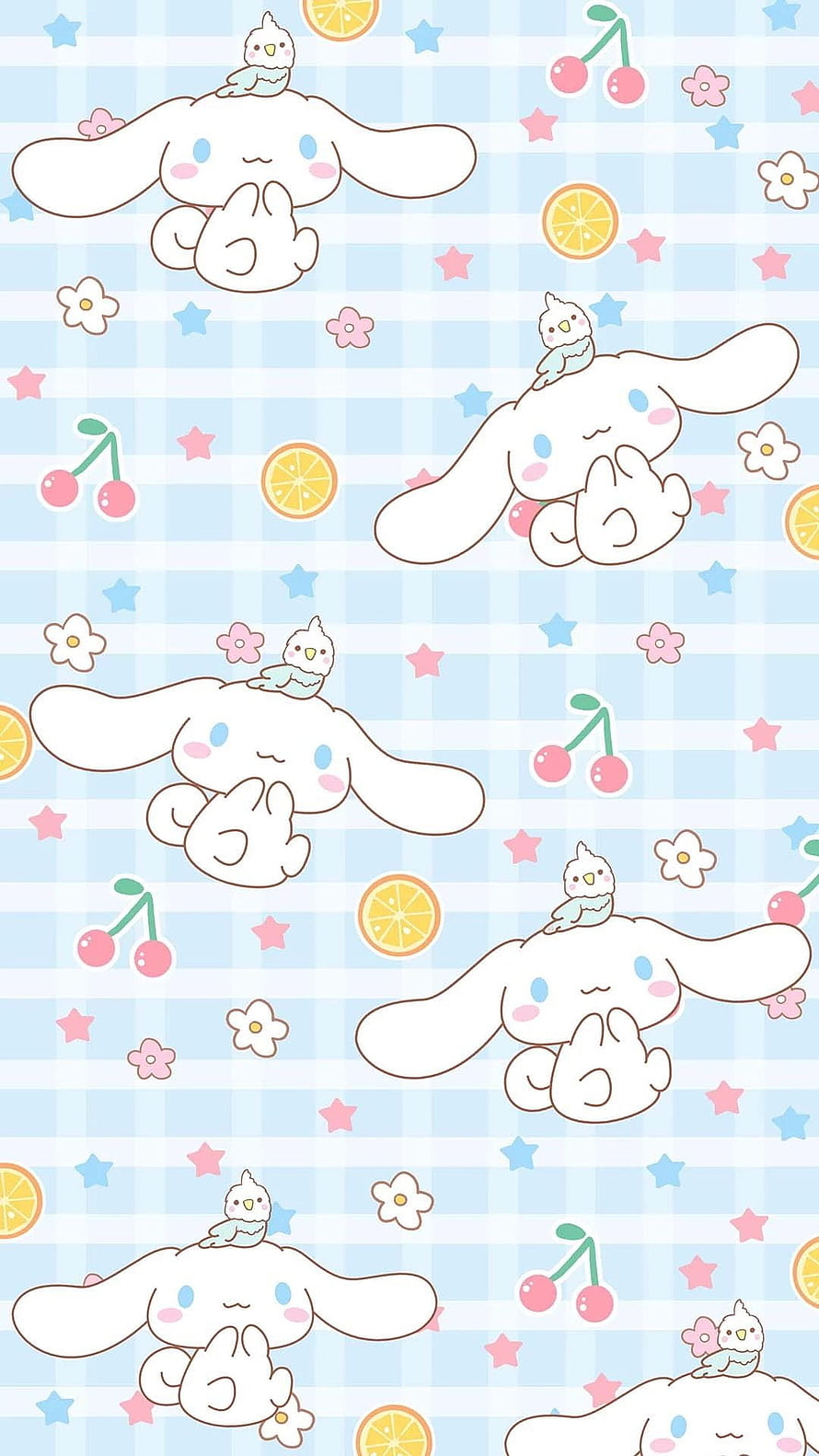 Cute Cinnamoroll Wallpaper with Blue Gingham Background, Cherries, Oranges, and Stars HD phone wallpaper