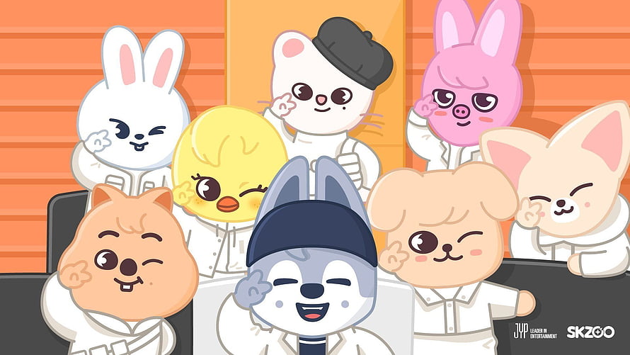 SKZOO K-pop Mascot Group Illustration with Rabbit, Dog, and Cat Characters HD wallpaper