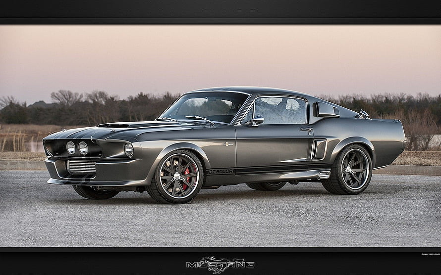 1967 Ford Mustang Shelby GT500 Fastback in Matte Grey with Racing Stripes HD wallpaper