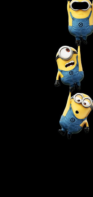 Three Minions Hanging in a Chain on Black Background HD phone wallpaper