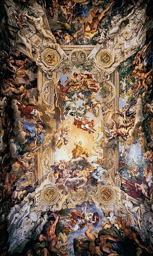 Baroque Ceiling Fresco with Angels and Mythological Figures in Ornate Architectural Setting HD phone wallpaper