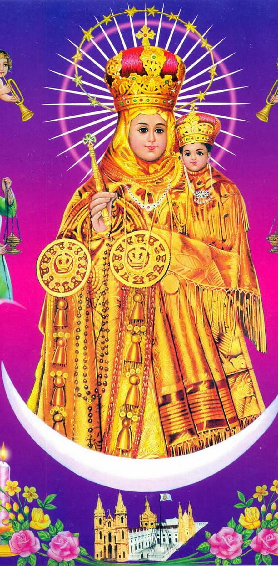 Velankanni Matha Devotional Illustration of the Virgin Mary on a Crescent Moon HD phone wallpaper