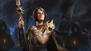 Shadowheart from Baldur's Gate 3 holding a sunburst staff in a dark ritual scene HD wallpaper
