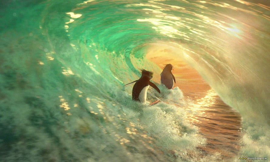 Surf's Up Animated Penguins Riding a Glowing Ocean Wave at Sunset HD wallpaper