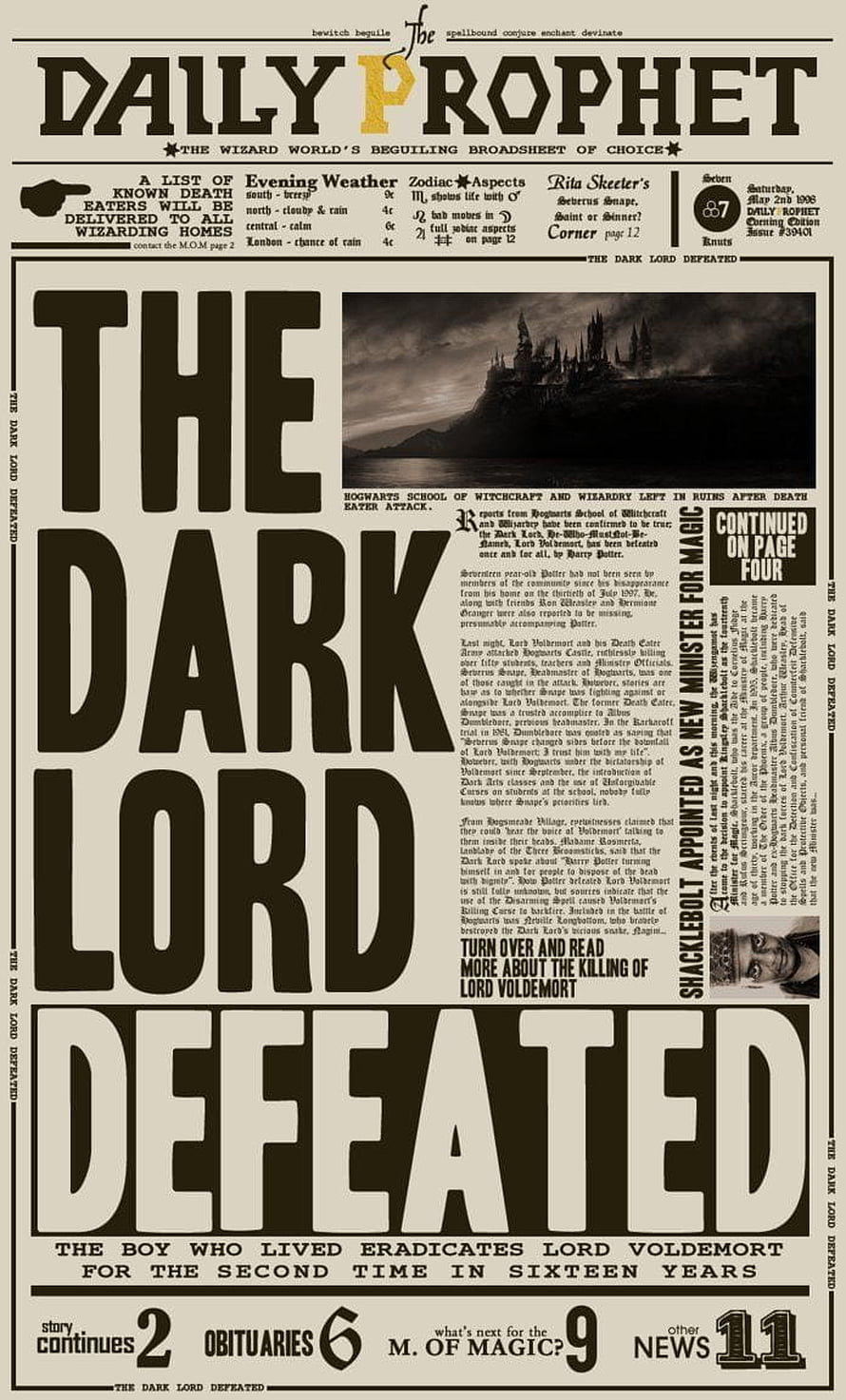 Daily Prophet Newspaper Front Page The Dark Lord Defeated Harry Potter Hogwarts HD phone wallpaper