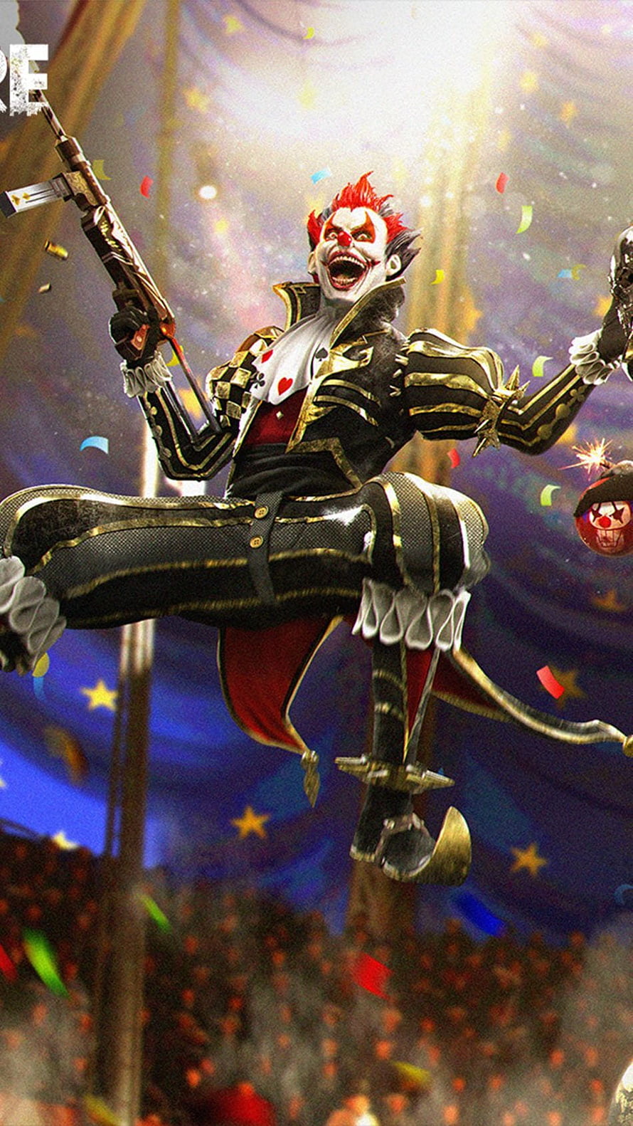 Joker Character in Black and Gold Suit Holding Rifle Amidst Confetti and Stage Lights HD phone wallpaper