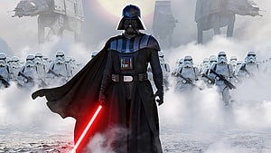 Darth Vader with Red Lightsaber Leading Stormtroopers and AT-AT Walkers on a Misty Battlefield HD wallpaper