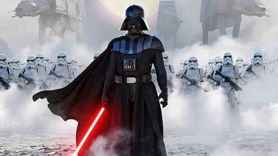Darth Vader with Red Lightsaber Leading Stormtroopers and AT-AT Walkers on a Misty Battlefield HD wallpaper