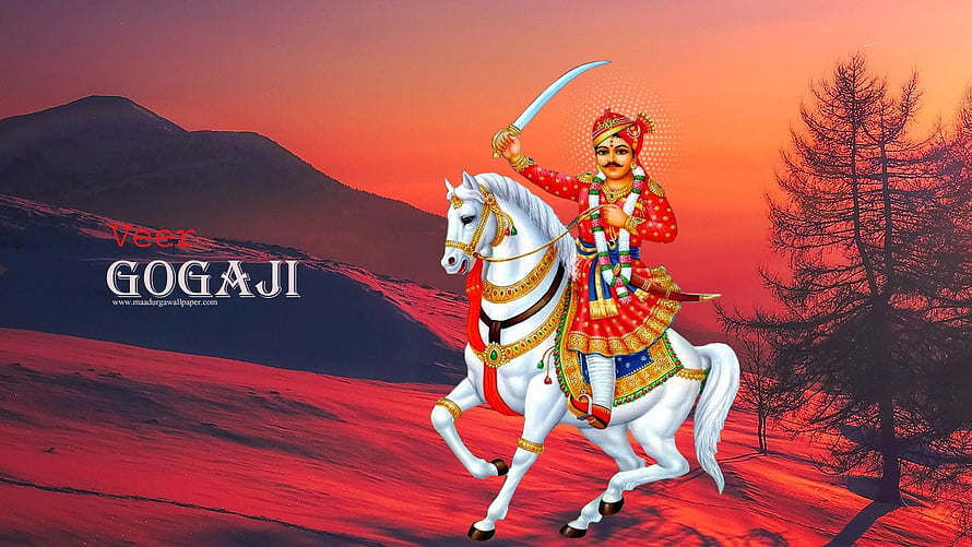Veer Goga Maharaj Riding White Horse with Sword in Red Landscape HD wallpaper