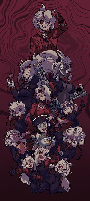 Helltaker Character Group Illustration with Red and Dark Aesthetic HD phone wallpaper
