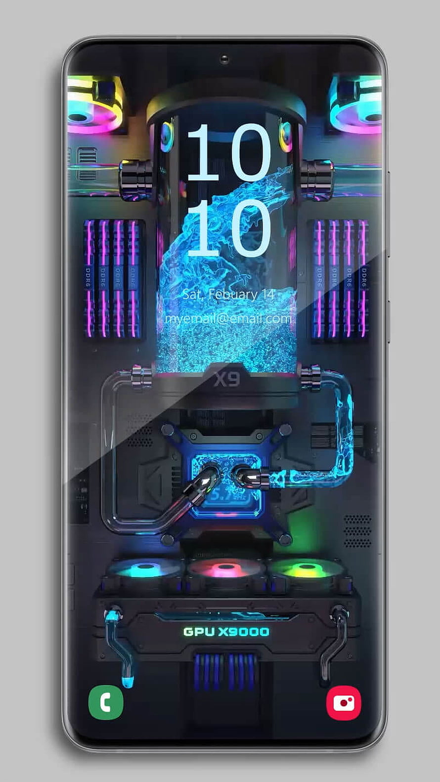 X9 Gaming PC RGB Water Cooling Setup with Neon Fans and GPU X9000 on Smartphone Display HD phone wallpaper