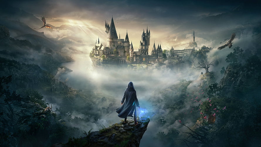 Hooded Wizard Gazing at Hogwarts Castle in Misty Mountains Fantasy Landscape HD wallpaper