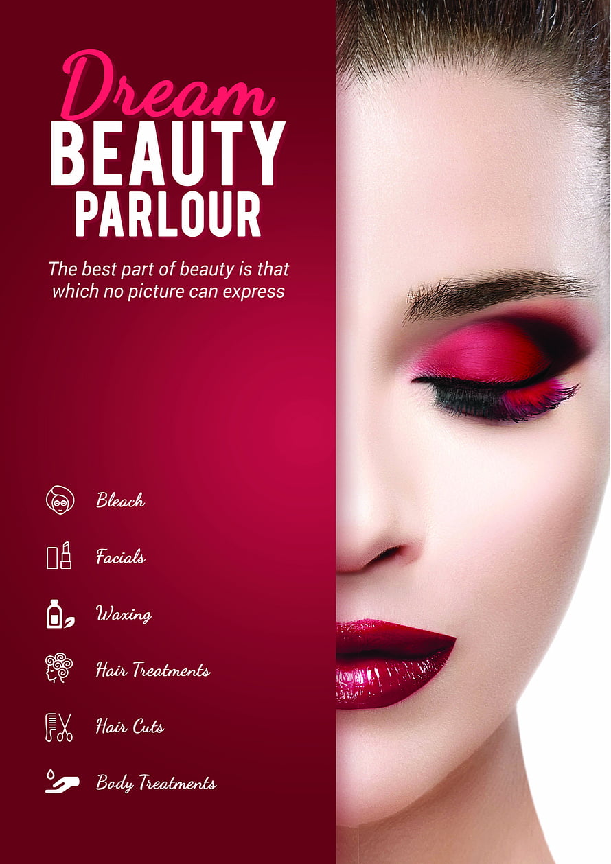 Dream Beauty Parlour promotional poster featuring a woman with vibrant pink eye makeup and red lipstick on a maroon background, Beauty Parlor Brochure HD phone wallpaper