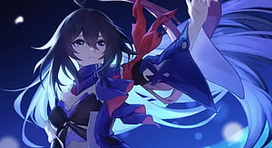 Anime Girl With Long Dark Hair Holding Blue Mask Against Starry Night Sky HD wallpaper