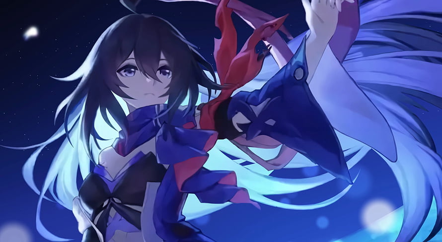 Anime Girl With Long Dark Hair Holding Blue Mask Against Starry Night Sky HD wallpaper