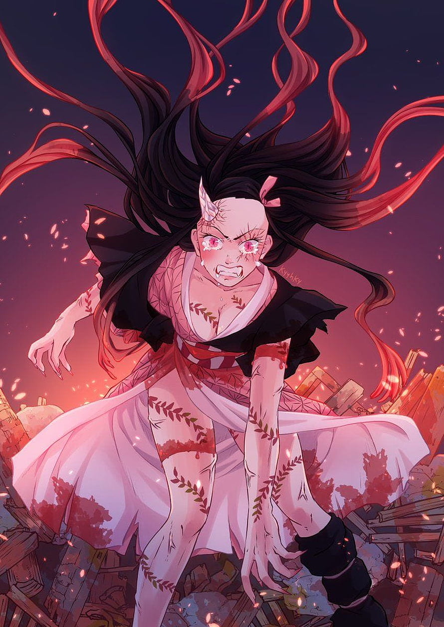 Nezuko Kamado Demon Form Anime Illustration with Flowing Hair and Cherry Blossoms HD phone wallpaper