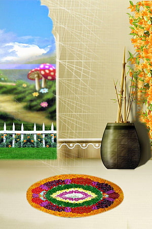 Colorful Floral Mandala Rug With Fantasy Garden Window And Bamboo Vase, Studio Backgrounds, studio background psd HD phone wallpaper