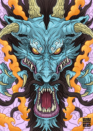 Kaido Dragon Form from One Piece with Fiery Orange Accents and Fierce Blue Scales HD phone wallpaper