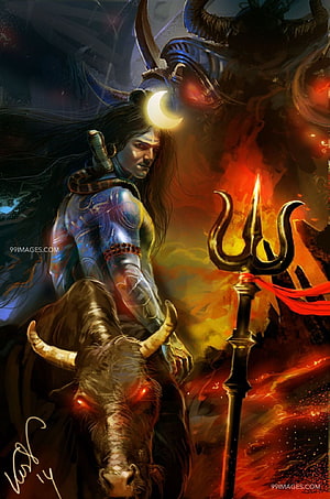 Lord Shiva riding Nandi bull with trident and crescent moon in fiery fantasy art HD phone wallpaper