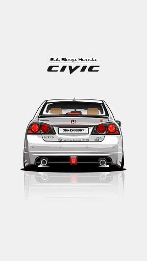 Rear View Illustration of a Modified Honda Civic Type R FD with Dual Exhausts and Sporty Bumper HD phone wallpaper