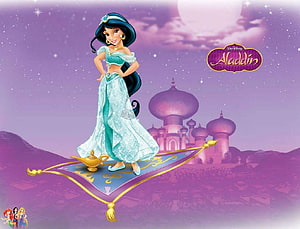 Disney Princess Jasmine Riding Magic Carpet Over Agrabah Palace at Night HD wallpaper