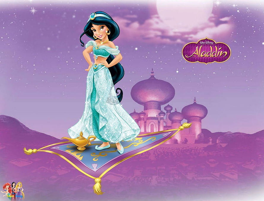 Disney Princess Jasmine Riding Magic Carpet Over Agrabah Palace at Night HD wallpaper