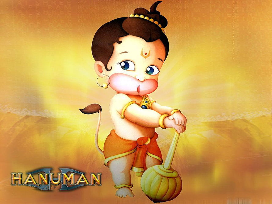 Cute Baby Hanuman Holding Mace Against Golden Background, Bal Hanuman your, little hanuman HD wallpaper
